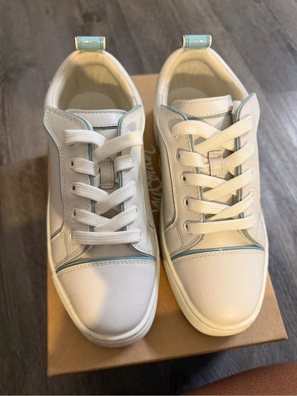 Christian Louboutin White Sneakers with Light Blue Heel Accent